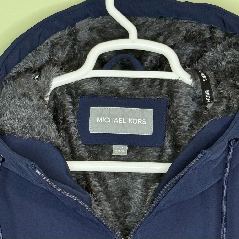 Michael Kors Men XL tall Blue soft shell full zip hooded arm logo Jacket coat
